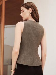 Nueva blusa elegante y chic de diseño de tela de espiga con cremallera, cuello redondo y sin mangas para mujer - Albaricoque - Ver 3