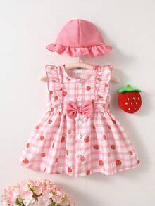 SHEIN Đầm bé gái sơ sinh mùa hè màu mơ, cổ tròn, xếp ly, in hình quả anh đào hoạt hình, không tay, nơ đỏ, kèm mũ đỏ, thanh lịch và dễ thương. - Hồng - Xem 2
