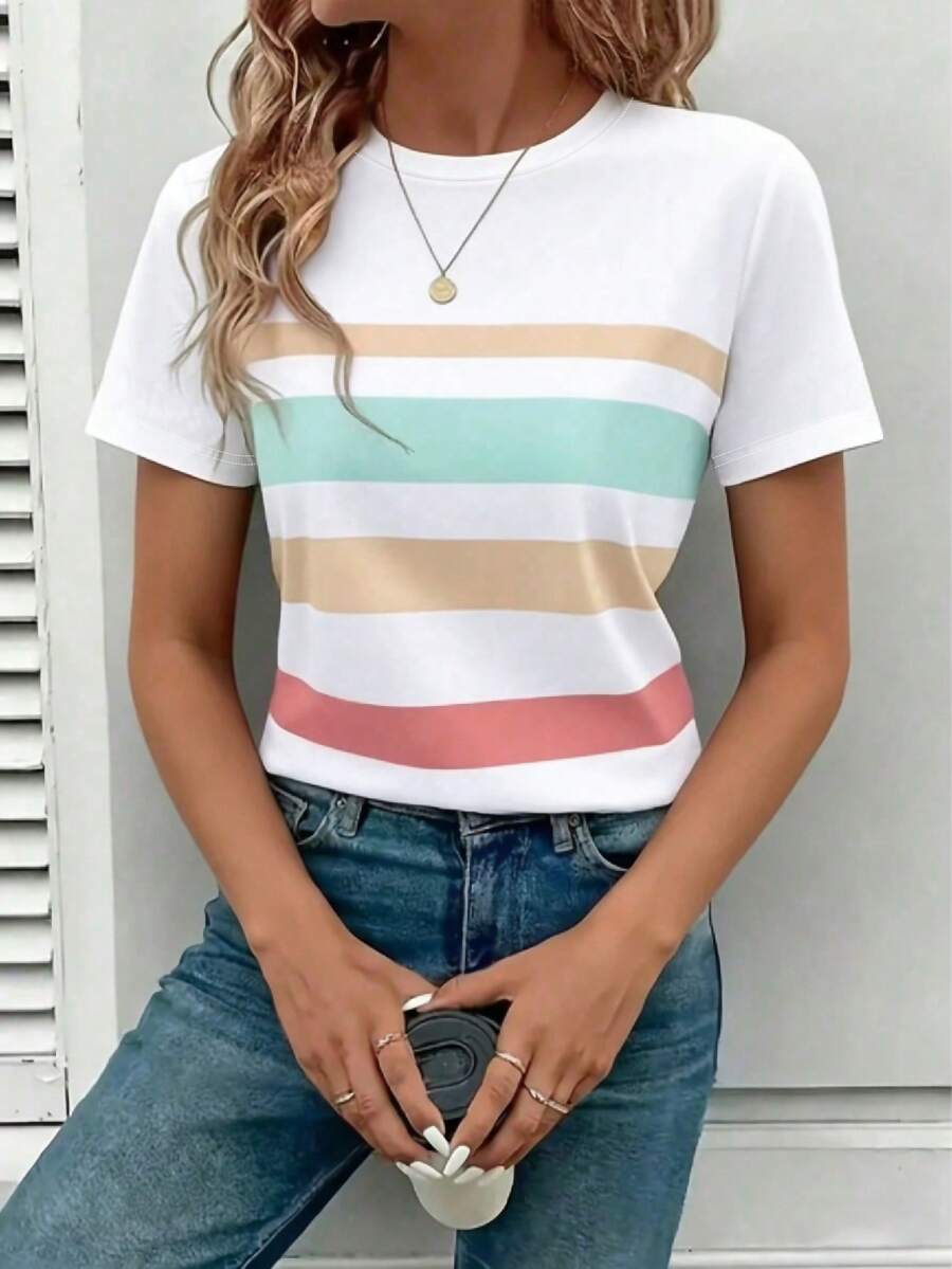 EMERY ROSE Women's Regular Fit T-Shirt, Striped Print Pattern, Summer Color Tone, Casual Versatile Outdoor Top, Stylish Design, Suitable For Summer Outings, Daily Wear, Outdoor, Shopping, Travel - Multicolor - View 1