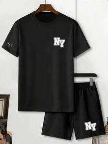 Manfinity Homme 2pcs/Set Men's Letter Print T-Shirt And Shorts - Black - View 2