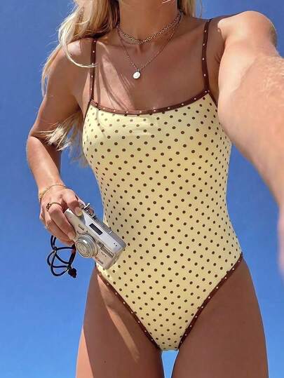 Swim Mod Spring/Summer New Arrival European And American Style Sexy One-Piece Swimsuit, High-Cut Thong Bikini, Yellow Base With Coffee Polka Dot Print, Contrast Color Thin Strap, Gather Bust, Adjustable Shoulder Strap, Sexy One-Piece Swimwear For Girls, Sweet Thermal Spring Beach Resort Slim-Fit Swimsuit