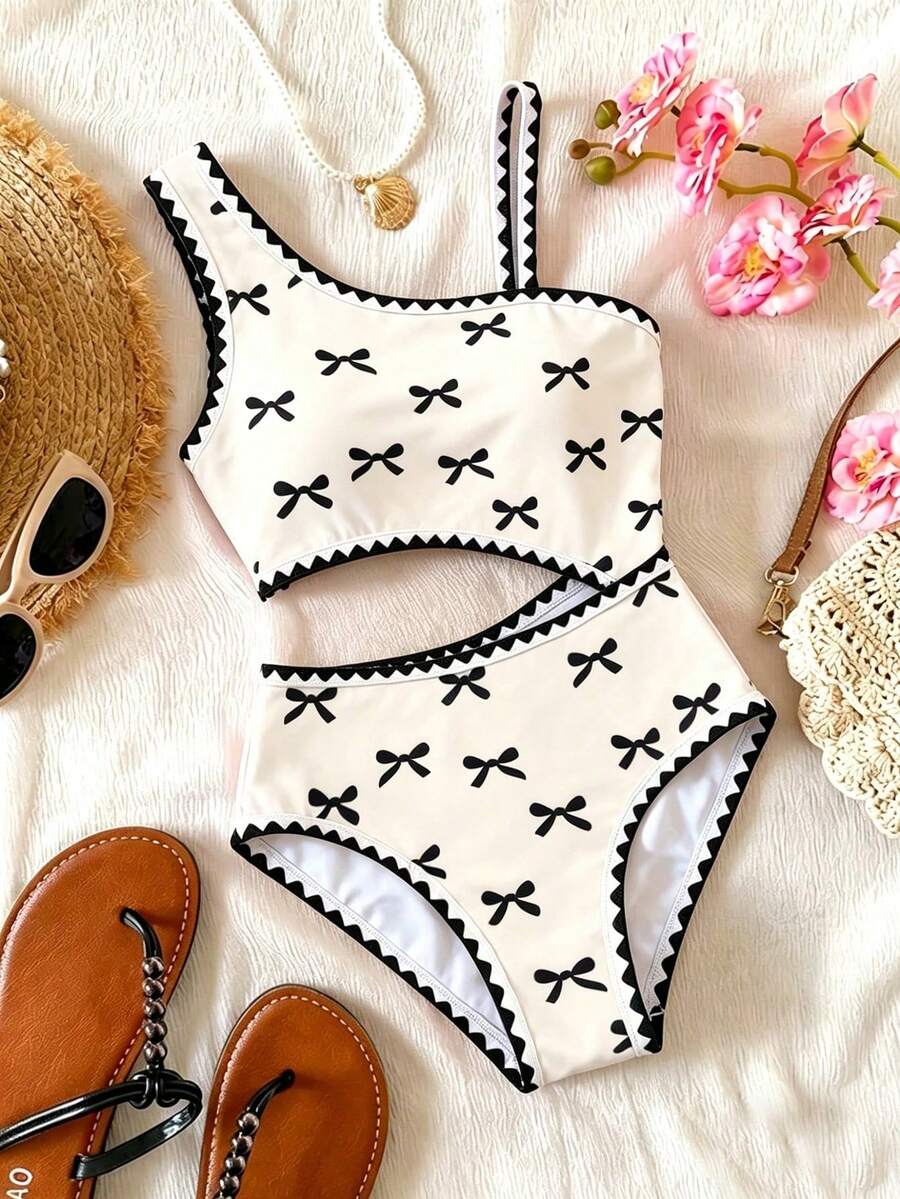 Tween Girls' Summer Sweet & Cool Design Beach Vacation Butterfly Print Asymmetrical Shoulder Hollow One-Piece Swimsuit - Black and White - View 1