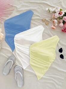 Soleia Bộ 3 áo nữ hở vai viền bất đối xứng màu vàng kem, trắng, xanh, thích hợp cho kỳ nghỉ hè - Nhiều màu - Xem 5