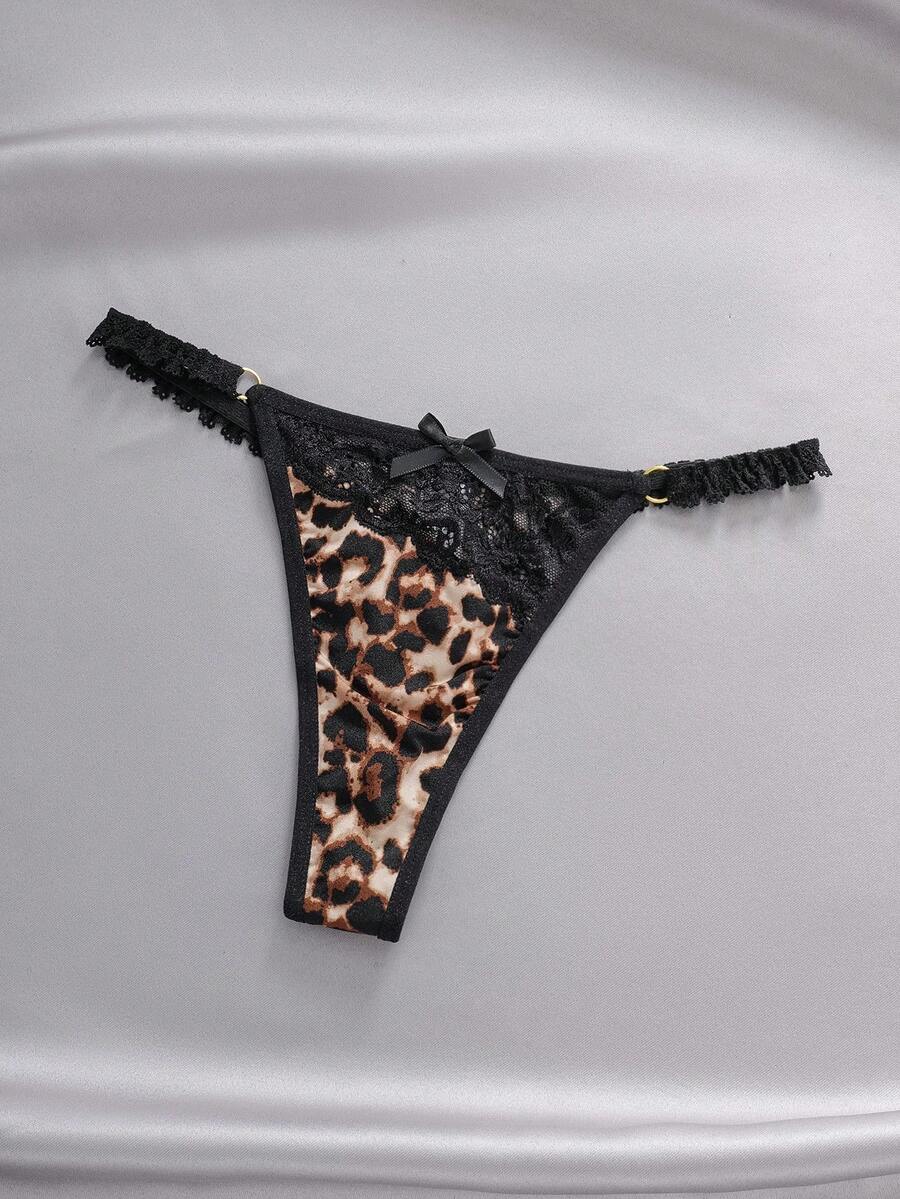 EmpressEnvy Celana Dalam G-String Wanita Motif Leopard Kasual Sederhana dengan Hiasan Pita Renda Kontras, Seksi Klasik Motif Hewan - MultiWarna - View 1