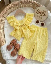 2Pcs Baby Girl Summer Pastel Yellow Cute Vacation Outfit,Ruffled Bow Top And Trousers Set,Lemon Floral Linen Clothes For Toddler Girls Summer Coord - Yellow - View 1