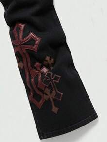 ROMWE MEN Grunge Punk Men's Fashion Street Cross Embroidery Slant Pocket Jeans - Black - View 3