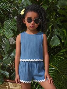 2pcs Young Girl Woven Solid Color Round Neck Casual Vest And Shorts Set - Blue - View 2