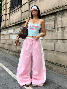 Coolane Women's Fall Streetwear Concert Outfit Rave Outfit Festival Going Out Vintage Y2K Color-Blocked Pink Loose Wide Leg Pants Summer Outfits For Women Pink Baggy Pants Women's Pink Pants - Baby Pink - View 4