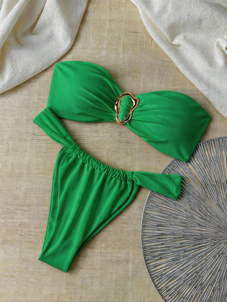 Swim Chiccia Bộ đồ đi biển mùa hè dành cho nữ - Áo quây màu trơn với chi tiết kim loại và quần bikini dây mảnh gợi cảm. - màu xanh lá - Xem 1