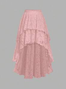 2026 Nuevo Falda de jacquard floral regalado vintage de doble capa con bajo de diseño alto-bajo, atuendo para citas, fiestas, cumpleaños, festivales, bailes de graduación, y cruceros - Rosa - Ver 5