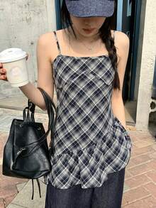 DAZY 女款格紋圓領休閒短袖襯衫 夏季校園風 - 藍色 - 查看 4