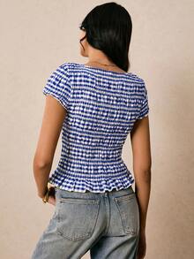 Poéselle Women's Striped Ruffle Hem Casual Blouse,Summer Top - Blue and White - View 6