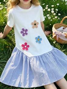 1pc Tween Girls' Summer Casual Striped Patchwork 3D Floral Decor Dress - Multicolor - View 4