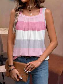 EMERY ROSE Blusa informal de mujer talla grande con estampado gráfico de bloques de color, camiseta de rayas tipo chaleco - Multicolor - Ver 6
