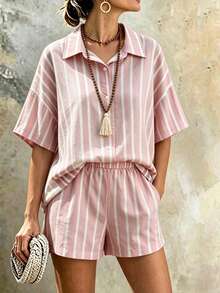 SHEIN Franclia Conjunto casual de uso diario de top de una sola hilera de botones y shorts a rayas para mujer - Rosa - Ver 2