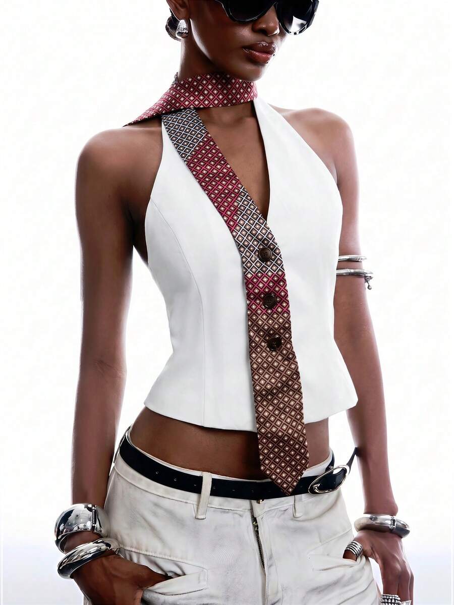 LYSMO Women's Patchwork Color Halter Backless Casual Versatile Daily Wear Top - White - View 1