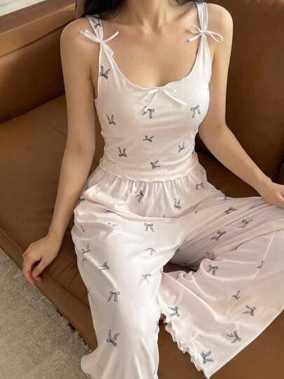 DAZY 2pcs Sweet Bow Print Satin Bow Decor Sleeveless Fitted Crop Top And Long Straight Leg Pajama Pants Set, Women Summer Sleepwear