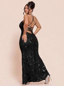 SHEIN BAE Vestido largo de sirena de jacquard negro para mujer, vestido largo ajustado con escote en V profundo en la espalda, adecuado para bodas, fiestas, citas - Negro - Ver 2
