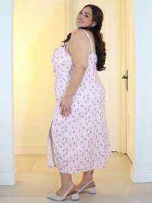 Pretty and Ole 大尺碼碎花胸部抓皺高衩細肩帶洋裝，夏季乳女風洋裝、束身洋裝，女款優雅束身洋裝 - 粉色 - 查看 4
