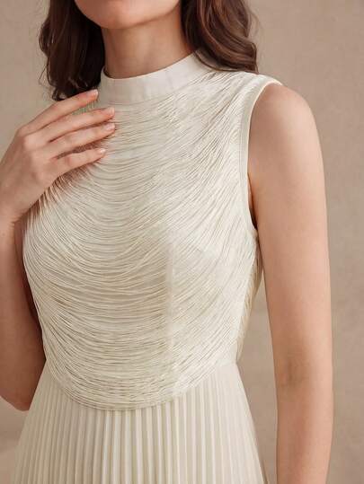 Anewsta Women's New Elegant Long Pleated Fringe Sleeveless Summer Vacation Dress, Beige, Suitable For Daily Wear, Party And Occasions