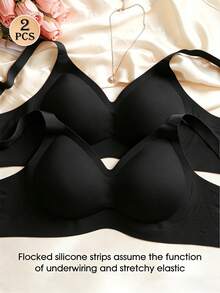SHEIN 2pcs/Set Plus Size Seamless Jelly Stripe Soft Support Wireless Bra, Gather & Lift Bust, Reduce Side Bulge - Black - View 3