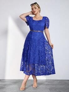 SHEIN Clasi 大码优雅纯色蕾丝连衣裙，夏季 - 藍色 - 查看 7