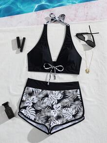 SHEIN Swim 女士夏季沙滩系带性感比基尼上衣和短裤两件套泳装 - 彩色 - 查看 5
