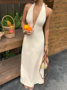 Sunnyshic Đầm dài dáng chữ A cổ chữ V hở lưng thắt eo dành cho nữ, vải jacquard màu vàng, thanh lịch và dễ thương, thích hợp cho mùa xuân/hè, đi nghỉ mát, đi biển, hẹn hò hoặc mặc hàng ngày. - Màu be - Xem 6