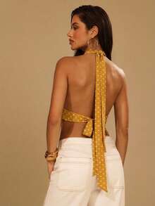 Denimoi Sheer Mesh White Backless Halter Top With Scarf Golf Summer Sexy - Yellow - View 2