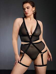 SHEIN 加網細碼無鋼圈性感連體褲，單件式 - 黑色 - 查看 4