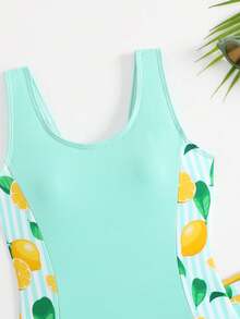 SHEIN Tween Girl Lemon Print One-Piece Swimsuit With Shorts Set - Mint Green - View 5