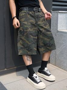 Manfinity EMRG 男士休闲街头风刺绣多口袋迷彩牛仔工装短裤 - 軍綠色 - 查看 7