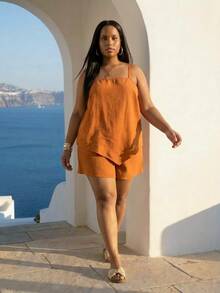 ELLERISSA Plus Size Burnt Orange Linen-Like Cami & Shorts Co-Ord Set - Burnt Orange - View 3