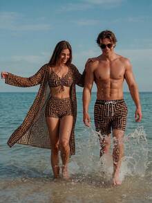 Manfinity Swimmode Celana Pendek Pria Kasual Elegan Motif Geometris dengan Tali Serut di Pinggang untuk Liburan Pantai, Warna Hitam, Cocok untuk Liburan Pasangan di Musim Panas, Tropis, Hawaii, dan Berenang. - Coffee Brown - View 4