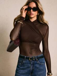 Poéselle Body de manga larga de unicolor, versátil y casual para uso diario - Café integral - Ver 6