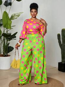 Maweii Blusa holgada de manga acampanada con cuello asimétrico y estampado de lunares amarillo-verde sobre base rosa, para mujer de talla grande. Atuendo casual de primavera/verano - Multicolor - Ver 6