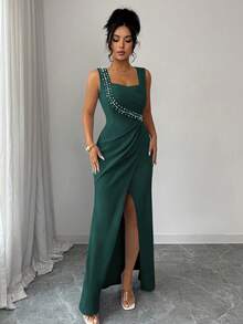 SHEIN Elenzya Đầm dự tiệc cocktail nhẹ nhàng, dáng đuôi cá, không tay, cổ vuông, đính ngọc trai, ôm eo, xẻ tà bồng bềnh, dành cho nữ. - Màu xanh lá cây đậm - Xem 5