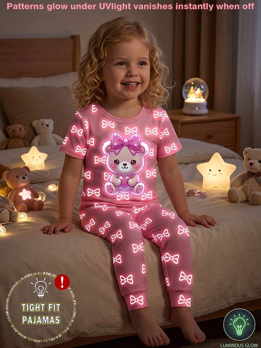 1set Young Girls Glow-In-The-Dark Butterfly & Bear Print Snug Fit Short Sleeve Knit Pajama Set - Pink - View 1