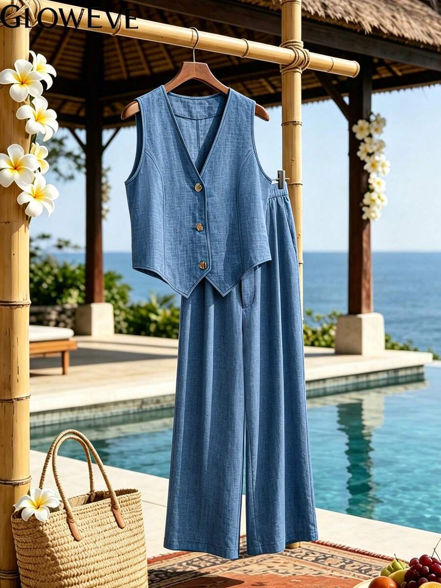 Breezaya Plus Size V-Neck Unique Button Vest And Straight Leg Pants 2 Pieces Set - Blue - View 1