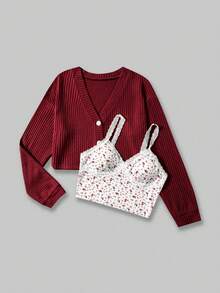 ROMWE Kawaii Women's Solid Color Drop Shoulder Long Sleeve Jacket And Ditsy Floral Camisole Top Set, Spring/Autumn, School - Burgundy - View 4