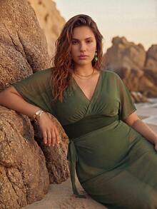 Swim Oasis Plus Size Women's Solid Color V-Neck One-Piece Swimsuit And Skirt Set, Suitable For Beach Vacation, Pool Party, Beach Party - Army Green - View 6