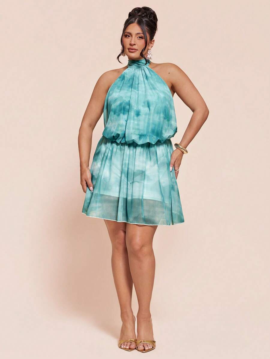 SHEIN BAE Plus Size Women Teal Print Off-Shoulder Casual Vacation Dress Brunch Vacation Summer - Mint Green - View 1