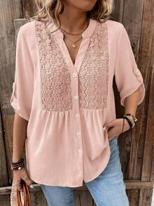 SHEIN LUNE Plus Size Lace Patchwork 3/4 Sleeve V-Neck Button Down Casual Vacation Shirt - Orange - View 1