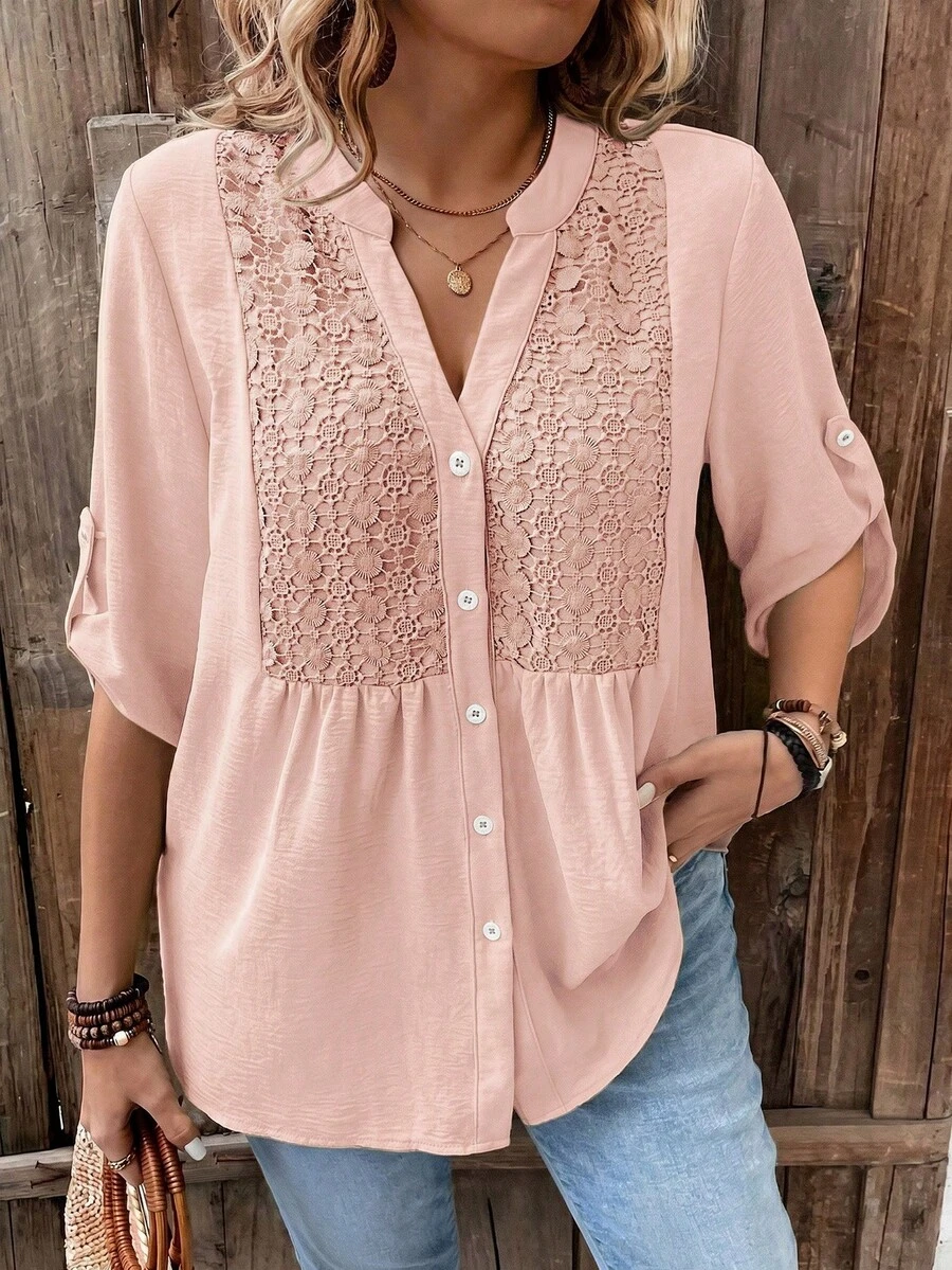 SHEIN LUNE Plus Size Lace Patchwork 3/4 Sleeve V-Neck Button Down Casual Vacation Shirt - Orange - View 1