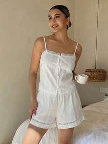 DAZY 2pcs Lace Patchwork Camisole & Loose Straight Shorts Pajama Set, Women Summer Sleepwear - White - View 7