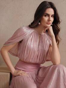 Anewsta Women's Solid Color Pleated Cape Sleeve Elegant Blouse - Dusty Pink - View 6