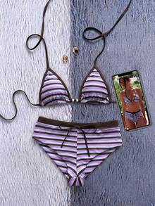 Swim Chiccia Bộ bikini tankini nữ thắt nơ đính cườm, dây rút, họa tiết sọc ngẫu nhiên. - Nhiều màu - Xem 2