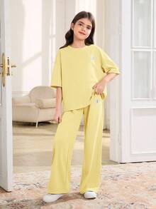 SHEIN 2pcs Tween Girls Casual Loose Comfortable Round Neck Short Sleeve T-Shirt And Pants Set - Yellow - View 6