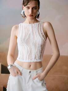 Femmeiva Women's Solid Color Sexy Crew Neck Sleeveless Knit Top Club Night White Autumn - White - View 2