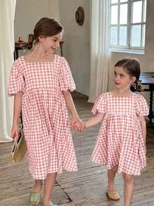 LMoss Kids 女童格纹方领泡泡袖修身连衣裙 - 粉色 - 查看 6